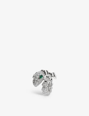 BVLGARI: Serpenti Tubolari 18ct white-gold, 3.75ct brilliant-cut diamond and 0.26ct emerald ring