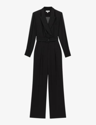 Reiss Black Flora Sheer Belted Double Breasted Jumpsuit In Black