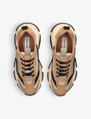 Shop Steve Madden Women's Khaki Possession Faux-leather And Mesh Low-top Trainers