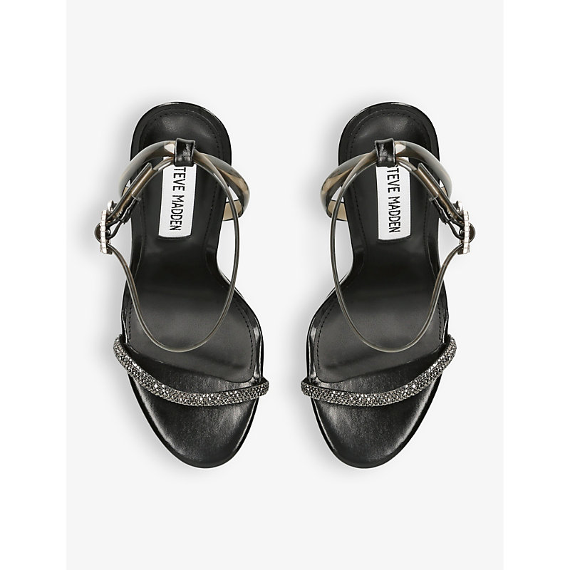 Shop Steve Madden Balia Crystal-embellished Heeled Faux-leather Sandals In Black