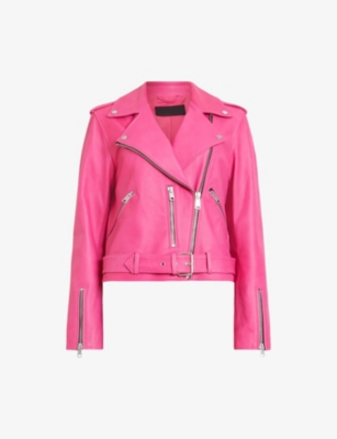 Allsaints Balfern Belted Hem Leather Biker Jacket In Neon Pink