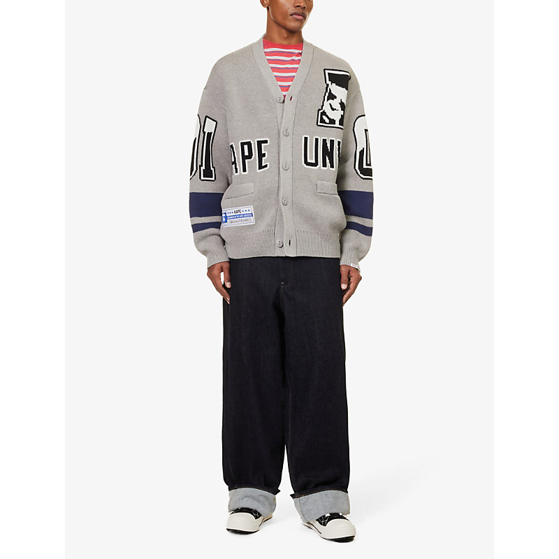 Shop Aape Varsity Brand-embellished Relaxed-fit Cotton-blend Cardigan In Heather White