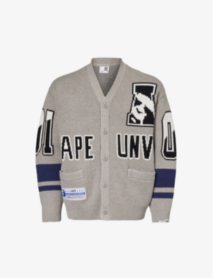Aape Mens Heather White Varsity Brand-embellished Relaxed-fit Cotton-blend Cardigan