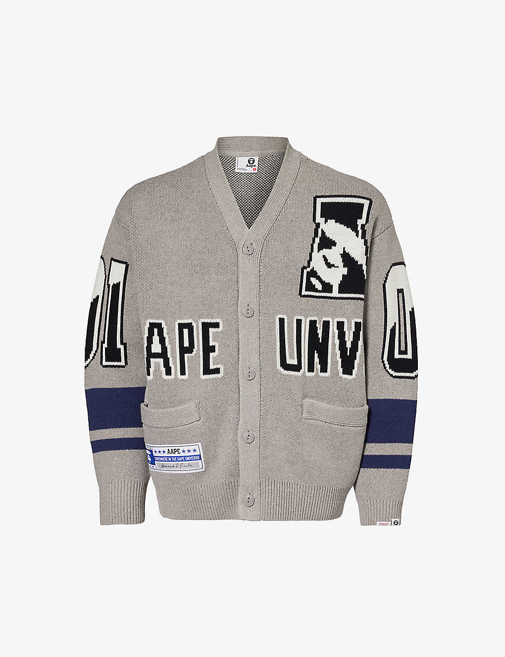 Aape Mens Heather White Varsity Brand-embellished Relaxed-fit Cotton-blend Cardigan