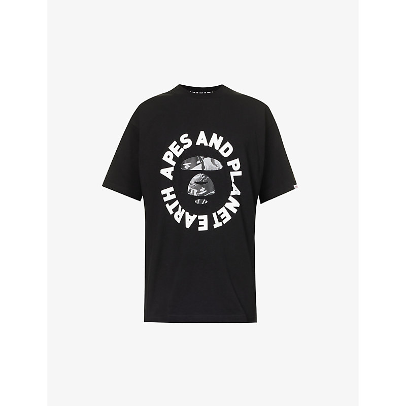 Aape Mens Black Planet Earth Logo-print Cotton-jersey T-shirt