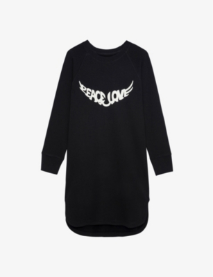 Zadig & Voltaire Zadig&voltaire Womens Noir Diaz Text-print Crewneck Cotton Mini Dress In Noir