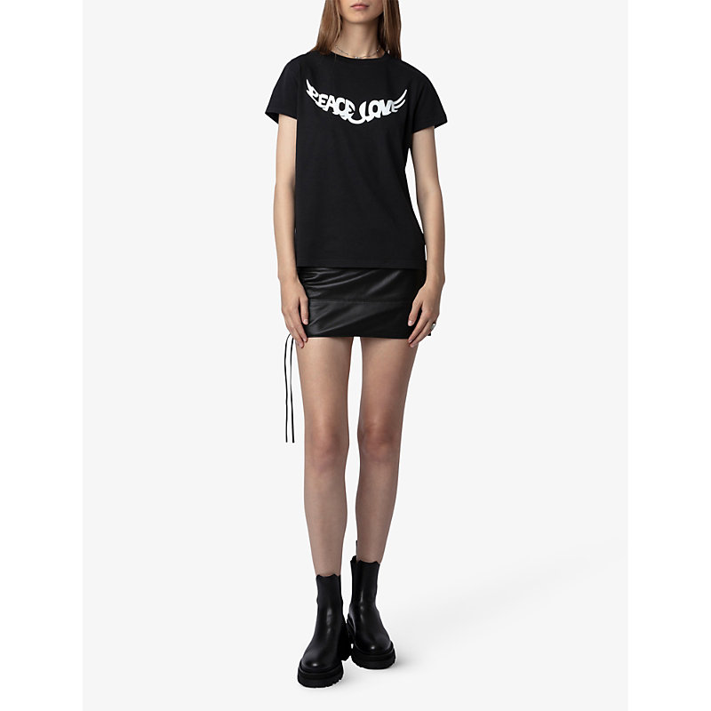 Shop Zadig & Voltaire Zadig&voltaire Womens Noir Walk Peace And Love Slogan-print Cotton T-shirt