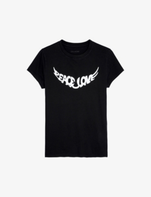 Shop Zadig & Voltaire Zadig&voltaire Women's Noir Walk Peace And Love Slogan-print Cotton T-shirt