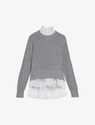 Ted Baker Holina Frill-trim Ribbed Knitted Jumper In Gray