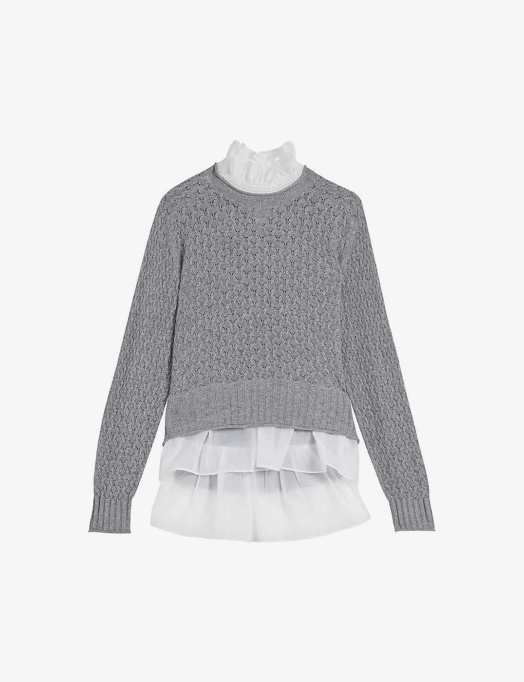 Ted Baker Holina Frill-trim Ribbed Knitted Jumper In Grey