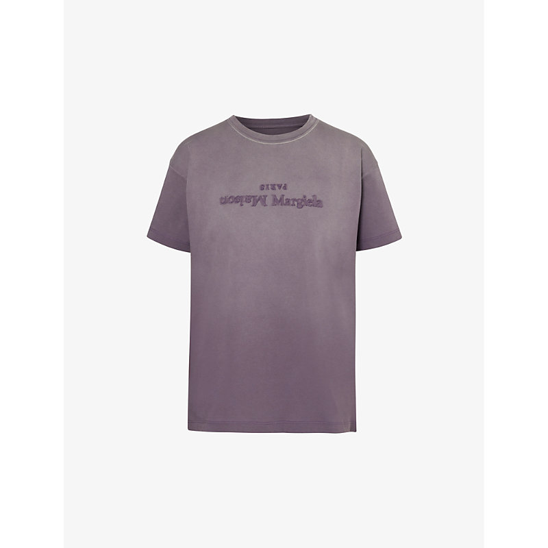 Shop Maison Margiela Women's Aubergine Brand-embroidered Faded-wash Cotton-jersey T-shirt