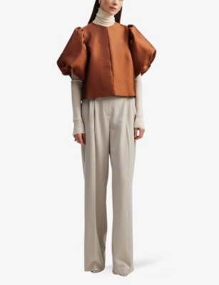 Shop By Malina Cleo Balloon-sleeve Satin Blouse In Cappuccino