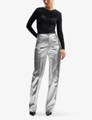 By Malina Womens Silver Daphne Metallic Straight-leg High-rise Woven Trousers In Silver