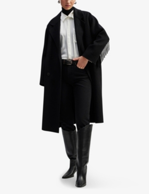 Shop By Malina Malina Women's Black Lauretta Fringed-trim Wool-blend Coat