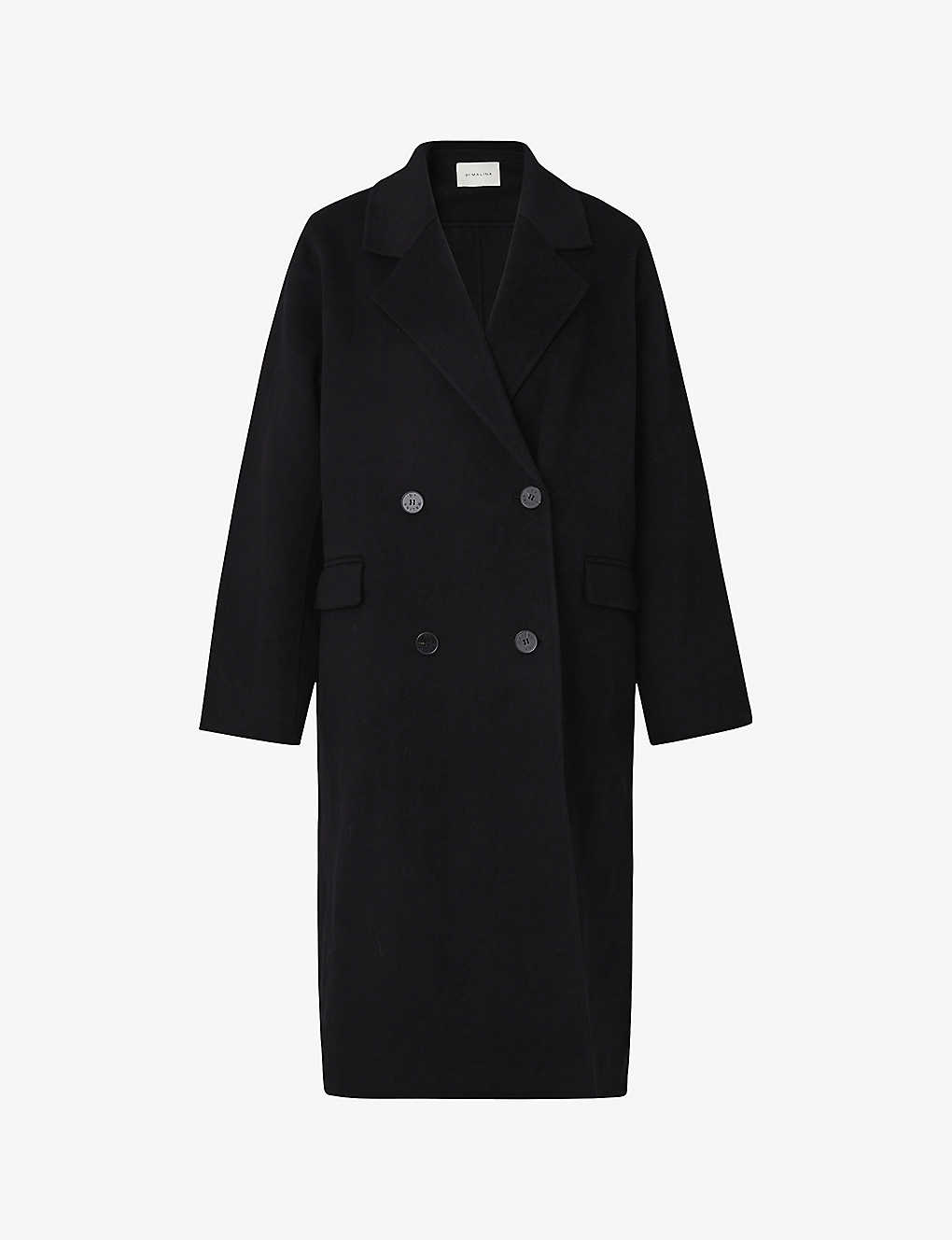 By Malina Womens Black Lauretta Fringed-trim Wool-blend Coat