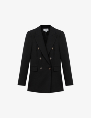 Reiss Black Tailored Textured Wool Blend Double Breasted Blazer In Black