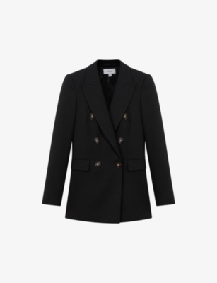 Shop Reiss Women's Black Lana Peak-lapel Double-breasted Wool-blend Blazer