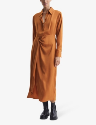 Shop Reiss Arabella Draped Satin Midi Shirt Dress In Brown