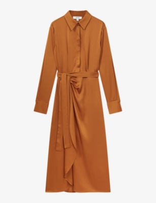 Reiss Arabella - Rust Satin Shirt-style Midi Dress, Us 2
