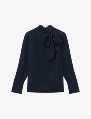 Shop Reiss Hazel Tie-neck Woven-blend Top In Navy
