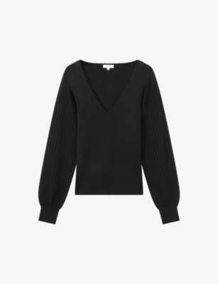 Reiss Lexi - Black Knitted Sleeve V-neck Top, S