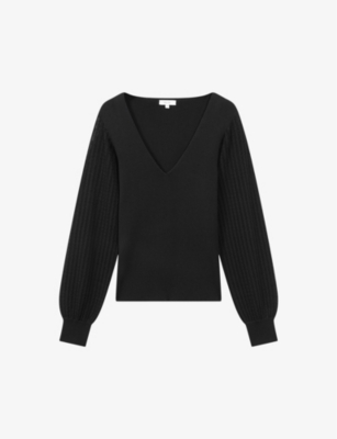 Reiss Black Knitted Blouson Sleeve Top In Black