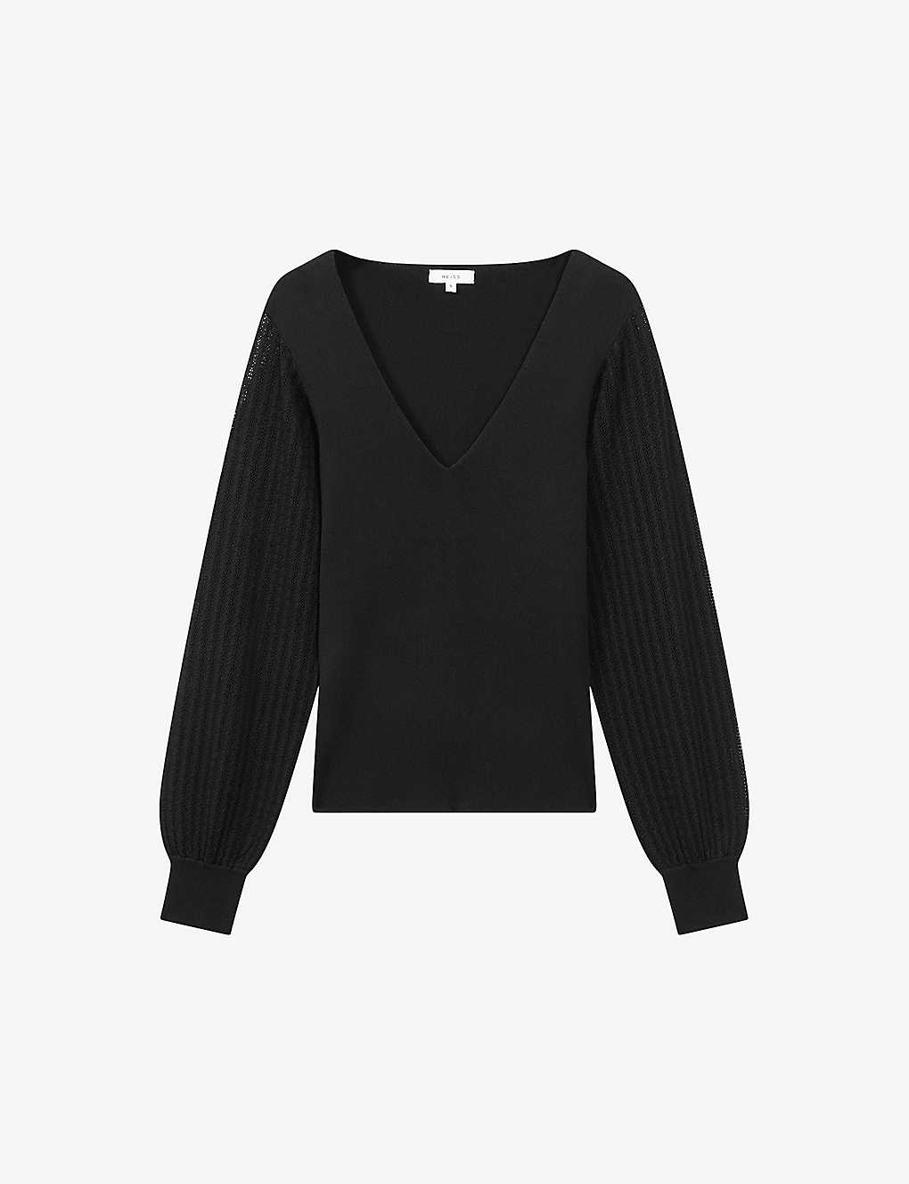 Reiss Lexi - Black Knitted Sleeve V-neck Top, S