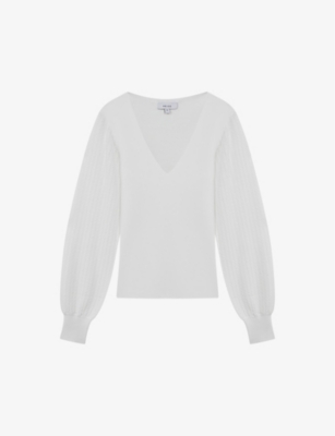 Reiss Lexi - Ivory Knitted Sleeve V-neck Top, L