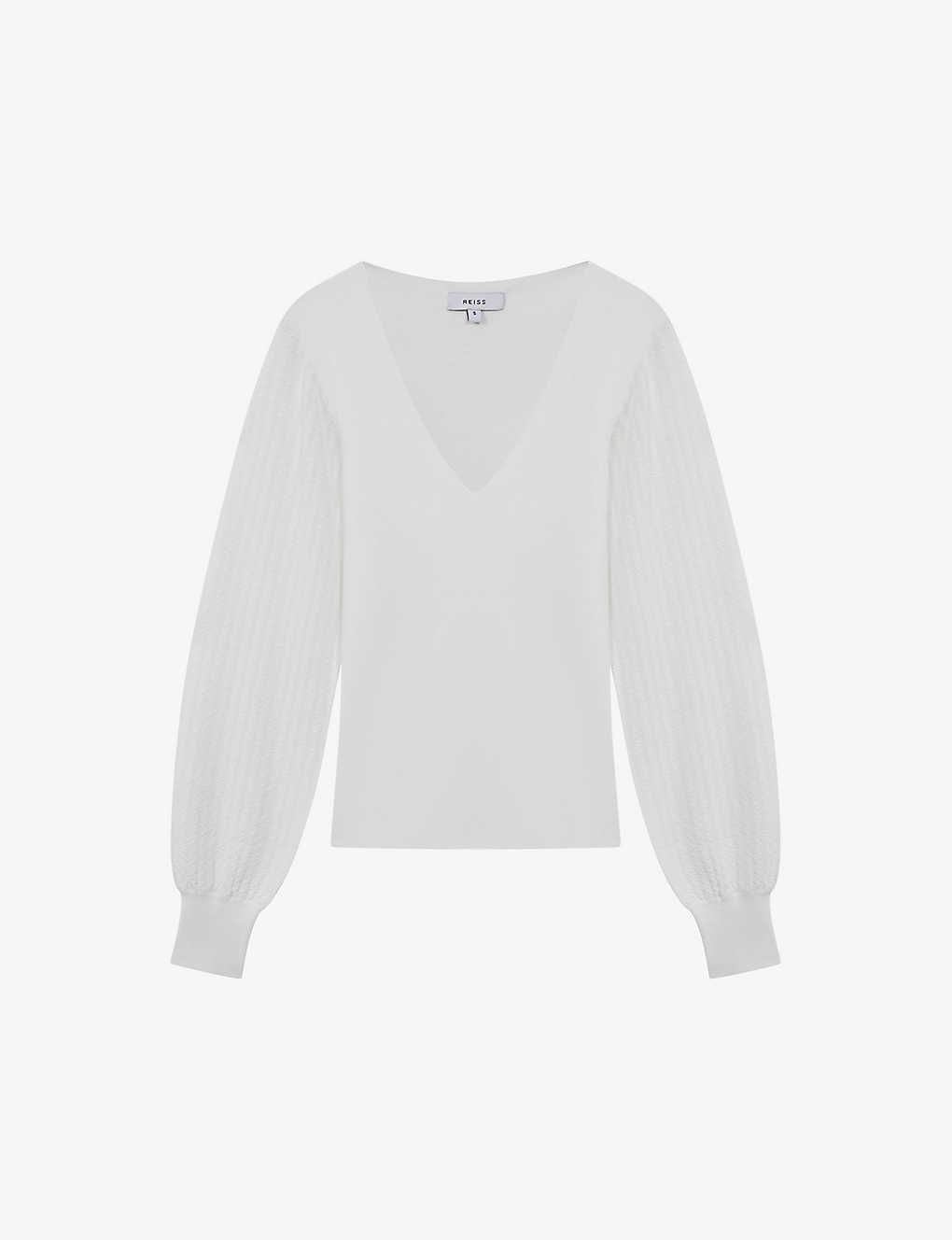 Reiss Lexi - Ivory Knitted Sleeve V-neck Top, L