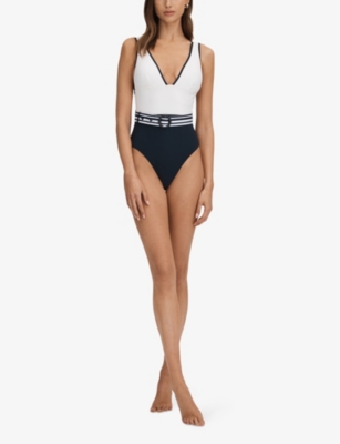 Shop Reiss Women's White/navy Willow Striped-belt Swimsuit