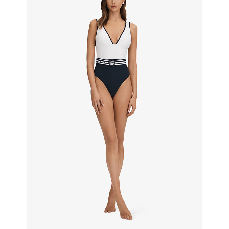 Shop Reiss Women's White/navy Willow Striped-belt Swimsuit