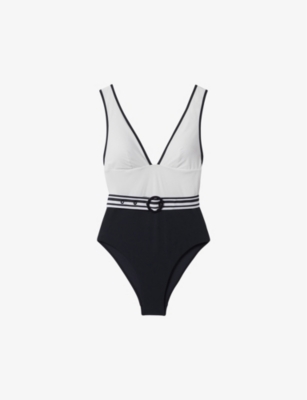 Reiss Willow Colorblocked Belted One-piece In White/navy