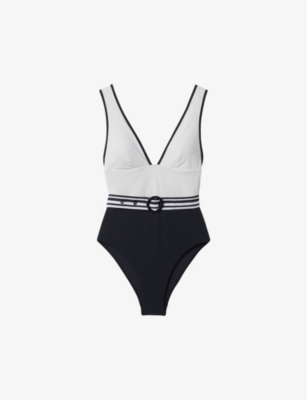 Shop Reiss Women's White/navy Willow Striped-belt Swimsuit