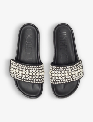 Shop Jimmy Choo Women's X Black Fitz Pearl-embellished Canvas Slides