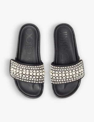 JIMMY CHOO: Fitz pearl-embellished canvas slides