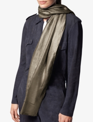 Bvlgari Womens  Lettere Maxi Logo-print  Silk And Wool-blend Scarf In Gold Bronze