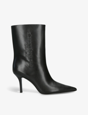 ALEXANDER WANG ALEXANDER WANG WOMEN'S BLACK DELPHINE BRAND-EMBOSSED LEATHER HEELED ANKLE BOOTS