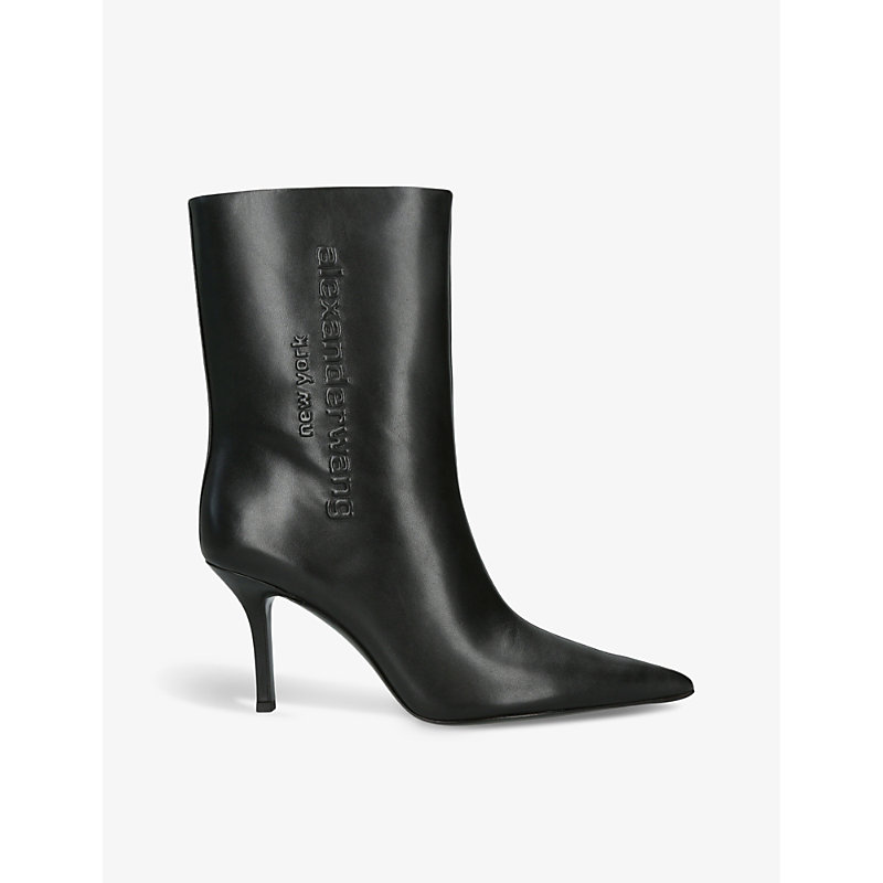 ALEXANDER WANG ALEXANDER WANG WOMEN'S BLACK DELPHINE BRAND-EMBOSSED LEATHER HEELED ANKLE BOOTS