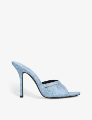 ALEXANDER WANG ALEXANDER WANG WOMEN'S DENIM LUCIENNE 105 BRAND-PLAQUE DENIM HEELED MULES