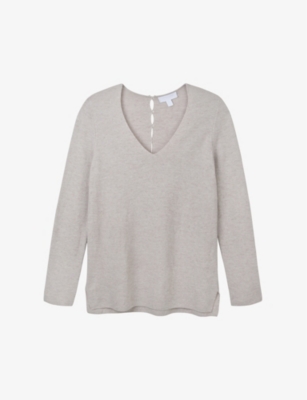 The White Company Womens Midtaupemr V-neck Buttoned Wool-blend Jumper