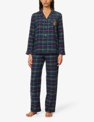 Shop Lauren Ralph Lauren Women's Green Plaid Checked Logo-embroidered Cotton-blend Pyjamas