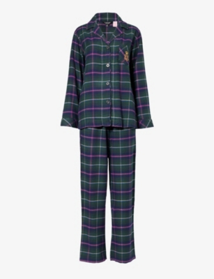 Shop Ralph Lauren Lauren  Women's Green Plaid Checked Logo-embroidered Cotton-blend Pyjamas