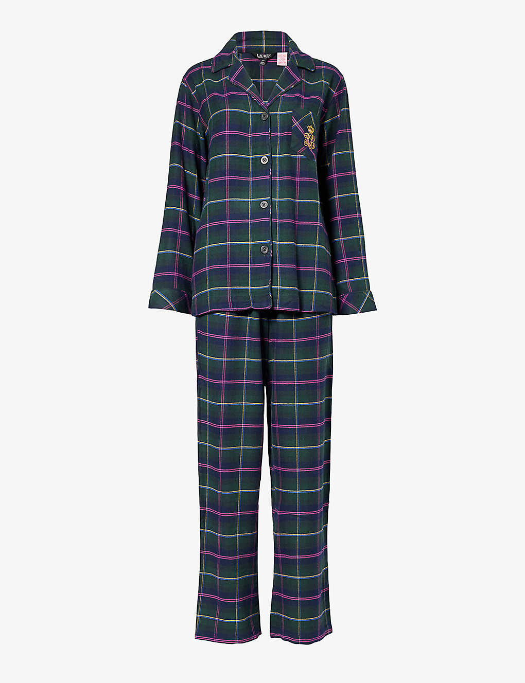 Lauren Ralph Lauren Womens Green Plaid Checked Logo-embroidered Cotton-blend Pyjamas