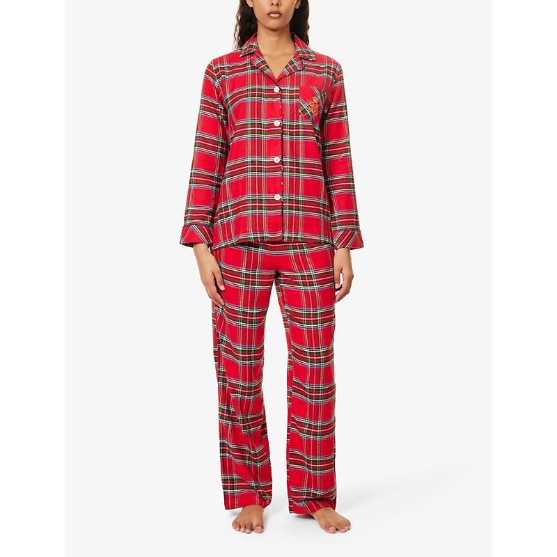 Shop Lauren Ralph Lauren Women's Red Plaid Checked Logo-embroidered Cotton-blend Pyjamas