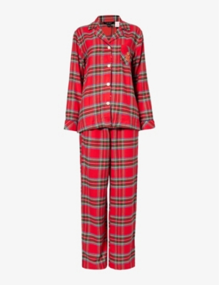 LAUREN RALPH LAUREN LAUREN RALPH LAUREN WOMEN'S RED PLAID CHECKED LOGO-EMBROIDERED COTTON-BLEND PYJAMAS