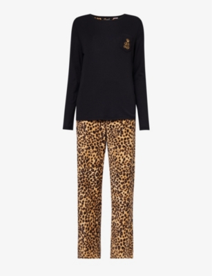 Lauren Ralph Lauren Womens Leopard Logo-embroidered Cotton And Recycled-polyester-blend Pyjamas In Multi-coloured