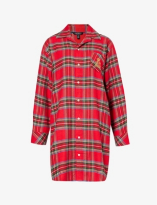 Lauren Ralph Lauren Womens Red Plaid Checked Logo-embroidered Cotton-blend Sleepshirt In Multi-coloured