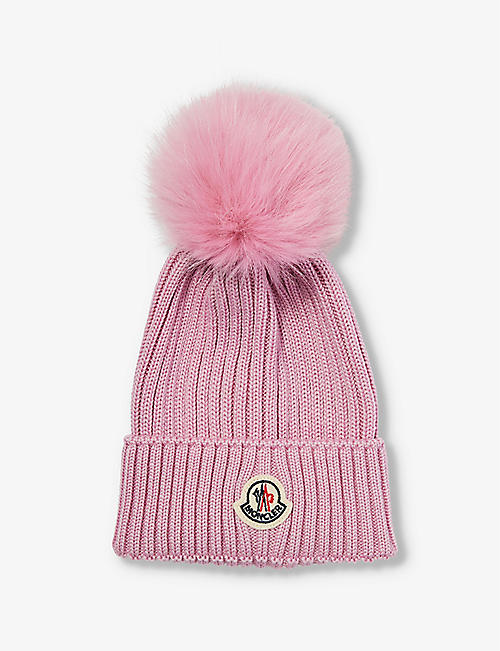MONCLER: Logo-patch bobble wool-knit beanie hat 4-10 years