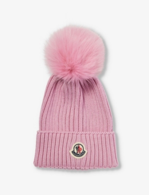Shop Moncler Girls Pink Kids Logo-patch Bobble Wool-knit Beanie Hat 4-10 Years