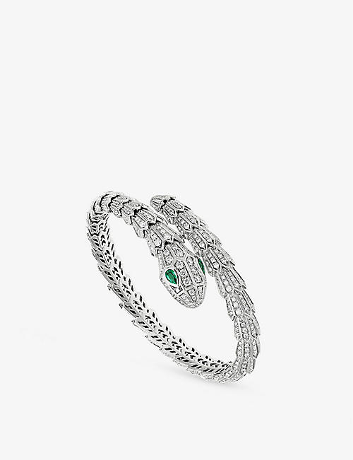 BVLGARI: Serpenti Tubolari 18ct white-gold, 3.89ct diamond and 0.26ct emerald bracelet